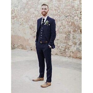 Men's 3 Piece Linen Suit Blazer Vest Pants Set Tuxedo Slim Fit Navy Blue M